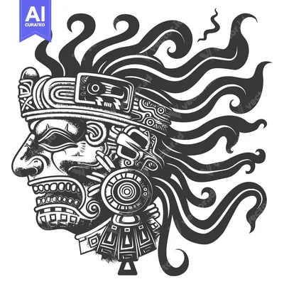 Premium design asset: Detailed Monochrome Illustration of an Aztec Deity with a Flaring Head