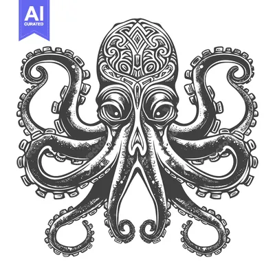 Aset premium populer: Detailed Monochrome Illustration of an Octopus with Intricate Head Des