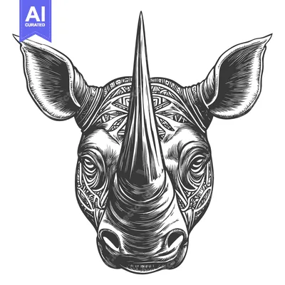 Aset desain premium: Detailed Monochrome Line Drawing of a Rhinoceros Head