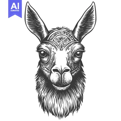 Aset desain premium: Detailed Portrait of a Llama with Tribal Pattern on its Forehead