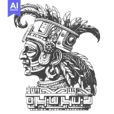 Aset desain premium: Detailed Profile of an Ancient Aztec Warrior with Feathers and Geometr