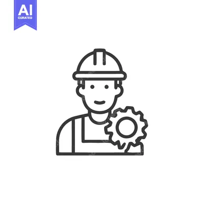 Aset desain premium: Line Art Icon: Smiling Mechanic Holding Gear, Wearing Hard Hat