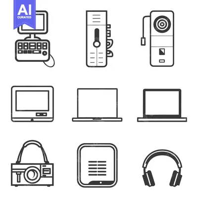 Aset desain premium: Simple black and white icons representing various electronic devices