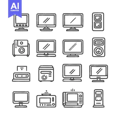 Premium design asset: Retro Tech Doodle: Vintage Electronics Icon Set in Minimalist Line Art