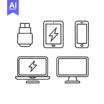Aset premium populer: Minimalist Line Art: Electronic Devices with Charging Symbols on Table
