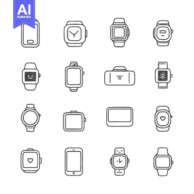 Aset premium populer: Minimalist Line Art: Smartwatches, Phones, and Bag Icons on White