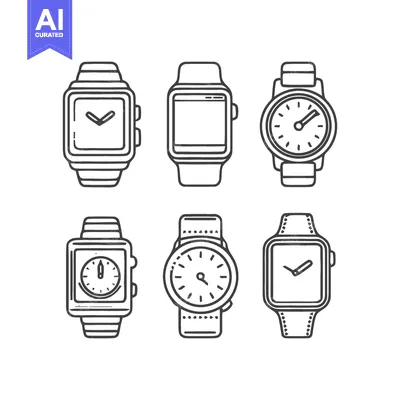 Aset desain premium: Six Watch Icons: Line Art Collection of Timepieces on White Background