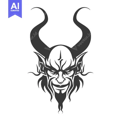 Premium design asset: A dark illustration of a horned demon with a sinister smile