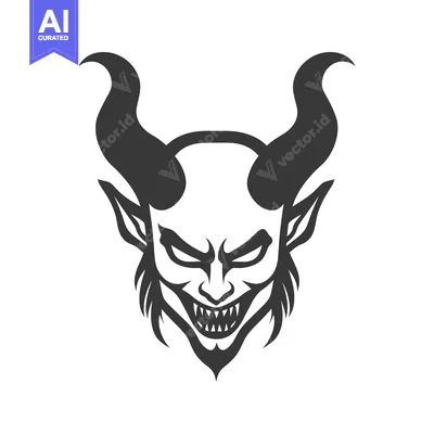 Aset desain premium: The black and white illustration presents a demon face with horns