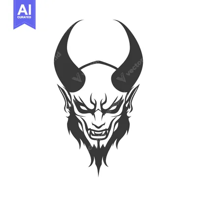 Aset desain premium: A stylized illustration of a demon head with large curved horns