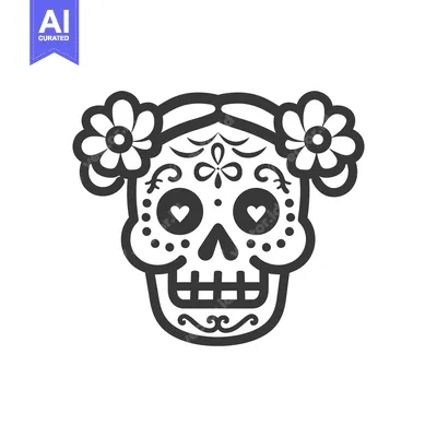 Aset desain premium: Decorated sugar skull with floral elements and heart shaped eye detail