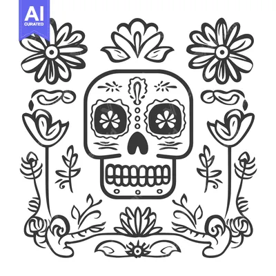 Aset premium populer: A decorated sugar skull surrounded by floral and ornamental designs