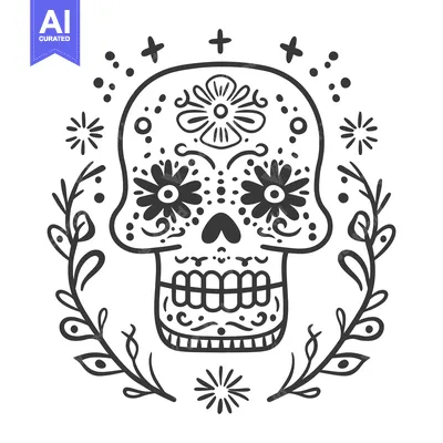 Premium design asset: An ornate sugar skull surrounded by floral and star elements