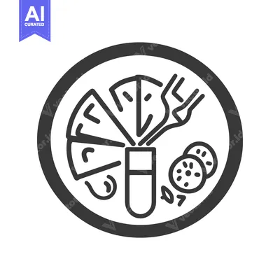 Aset premium populer: Simple black line drawing showing food and drink on a plate