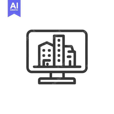 Aset desain premium: Cityscape on Screen: Minimalist Icon of Urban Development Displayed on