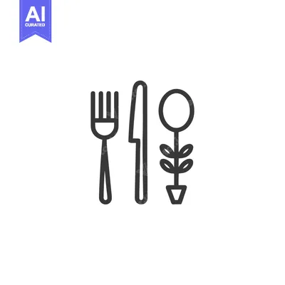 Aset desain premium: Minimalist Vegan Cuisine Icon: Fork, Knife, and Plant Symbol in Outlin