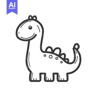 A simple black and white illustration of a happy dinosaur cartoon