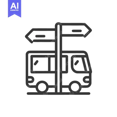 Aset desain premium: Stylized Bus with Directional Signpost Icon, Travel and Transportation