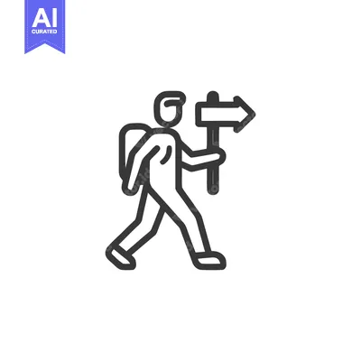 Aset premium populer: Hiker with Backpack Holding Directional Sign, Line Art Illustration