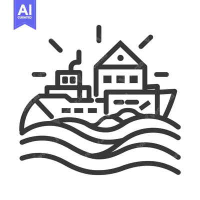 Aset desain premium: A ship sails near a building on water with radiant light