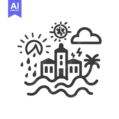 Aset premium populer: Stylized weather elements depicted with buildings and sea waves