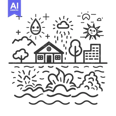 Aset premium populer: Stylized line art depicting various elements of the environment and we