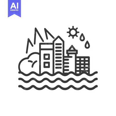 Aset desain premium: A black and white depiction of an urban flooding scenario