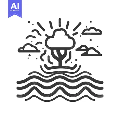 Popular premium asset: Stylized illustration of a tree upon water with clouds and sunlight