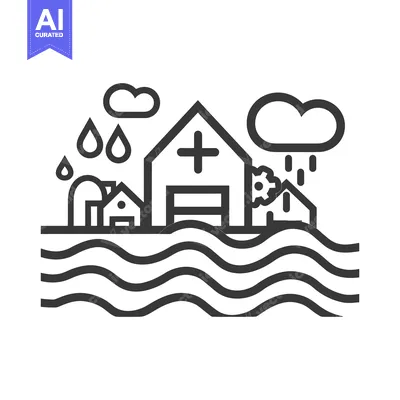 Aset premium populer: A graphic depiction of flooding with houses and rain clouds