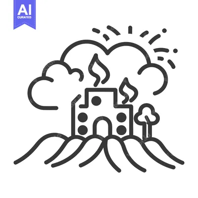Premium design asset: A building surrounded by smoke and flames sits on hills