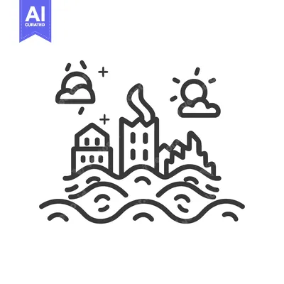 Aset desain premium: Coastal city buildings being flooded by rising ocean water levels