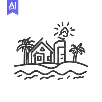 Aset premium populer: A coastal scene depicting a house next to palm trees and water