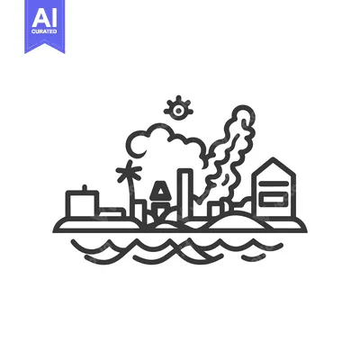 Aset premium populer: A black and white line drawing shows polluted coastal city