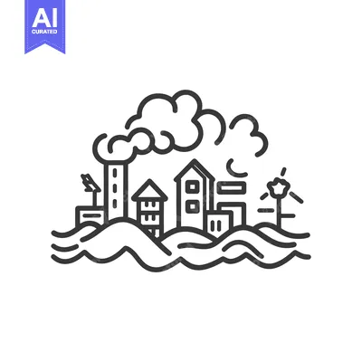 Aset desain premium: A city with smoke stacks and wind turbines is depicted