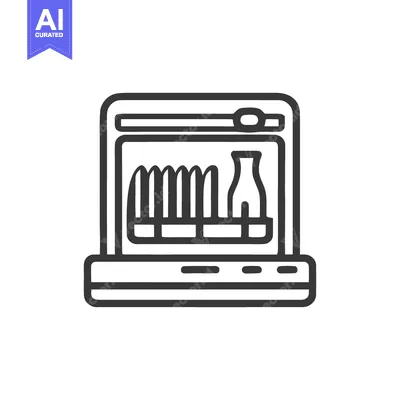 Aset premium populer: Dishwasher Icon: Clean Dishes, Bottle, and Utensils in Minimalist Line