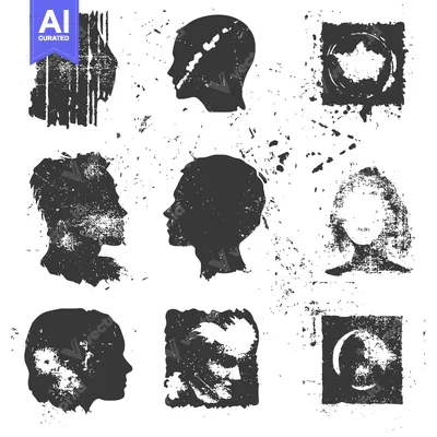 Aset desain premium: Distressed Silhouettes of Human Profiles and Abstract Shapes