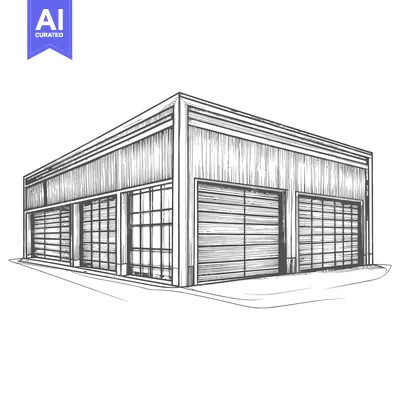 Aset desain premium: Sketch of a large building with three garage doors