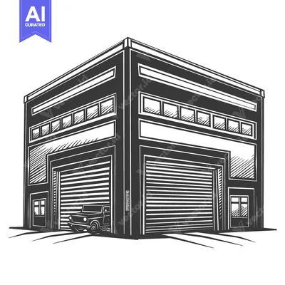 Aset desain premium: A Black And White Illustration Of A Car Garage Building