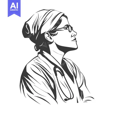 Aset premium populer: Illustration of a female medical professional looking upwards thoughtf