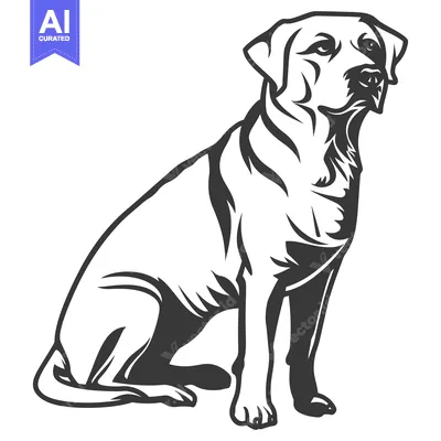A black and white illustration of a seated dog looking ahead