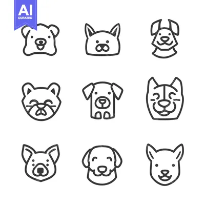 Aset desain premium: Nine minimalist black line drawings of different dog faces