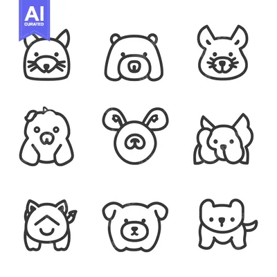 Aset desain premium: Simple black and white line drawings of various cute animals