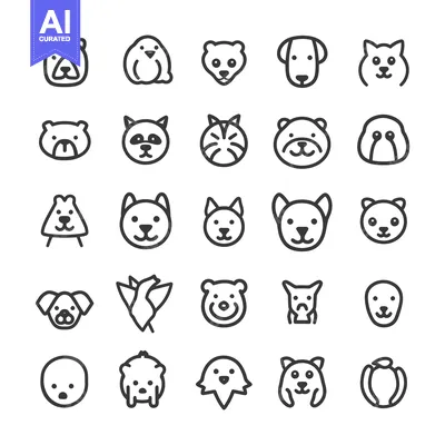 Aset premium populer: Various simple line drawings featuring different stylized animal faces