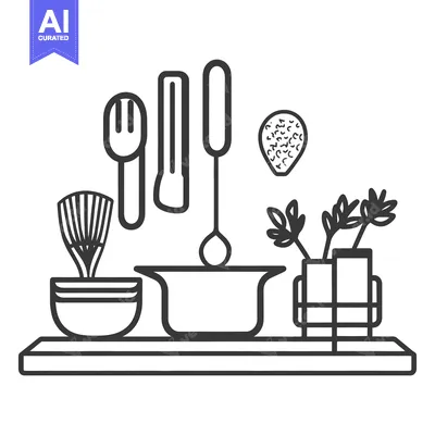 Popular premium asset: Various kitchen utensils and plants displayed on a shelf with a bowl