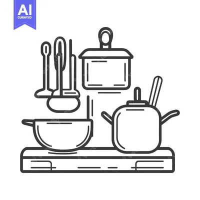Popular premium asset: Simple black and white image of various kitchen cooking tools