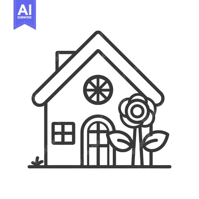 Aset desain premium: A simple black line drawing of a cute house and flower