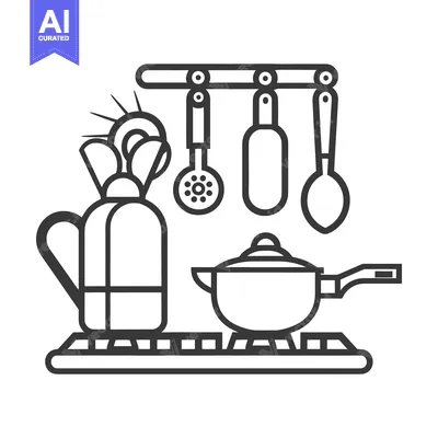 Simple black and white kitchen scene featuring cooking utensils and po