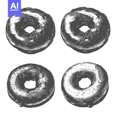 Four Delicious Glazed Donuts Illustrated In Vintage Style