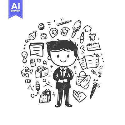 Aset desain premium: Doodle Illustration of a Businessman Surrounded by Work Items