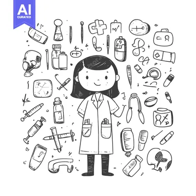 Aset premium populer: Doodle Illustration of a Female Doctor with Medical Supplies